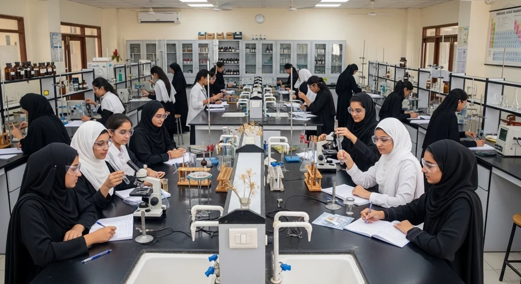 Students actively learning in the science lab in Wah Cantt at Greenfield Public School