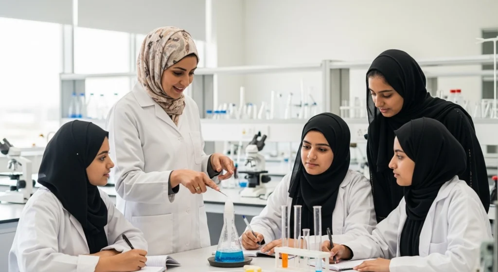 Greenfield science teacher guiding students in the science lab in Wah Cantt